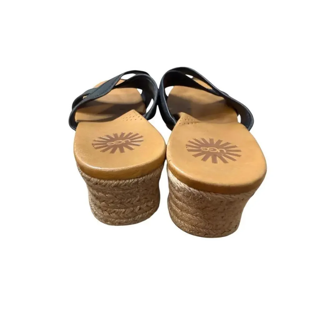 UGG Australia Womens Gwyn Espadrille Wedge Leather Sandals Size 8 Black Slides
